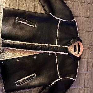 White Fox Boutique Black Leather Jacket with Cream Accents